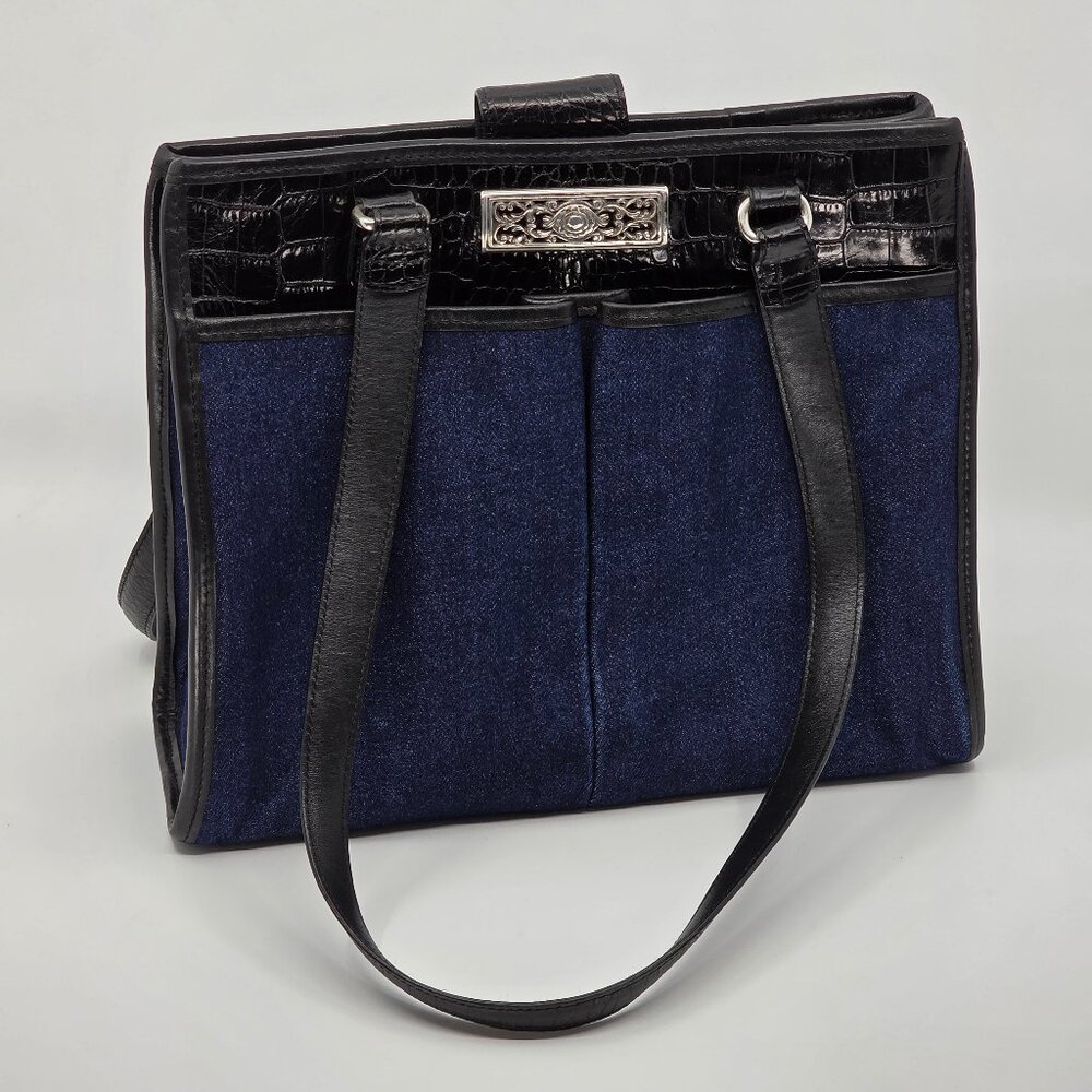 Vintage Brighton Blue Denim & Black Croc Embossed Leather Tote Bag Silver Hardwa
